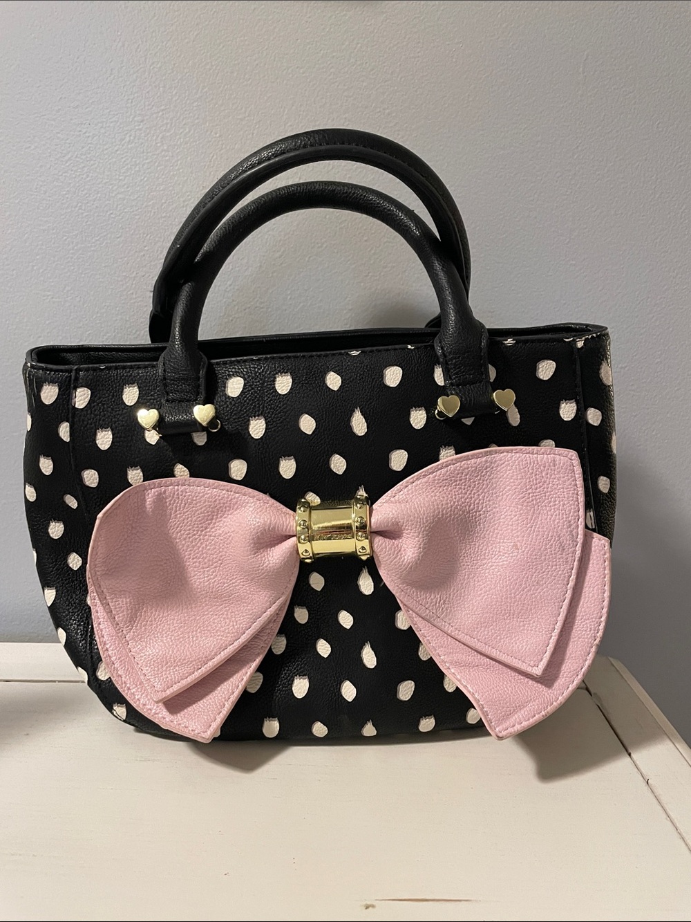 Betsey Johnson Black and Pink Bow Accent Handbag